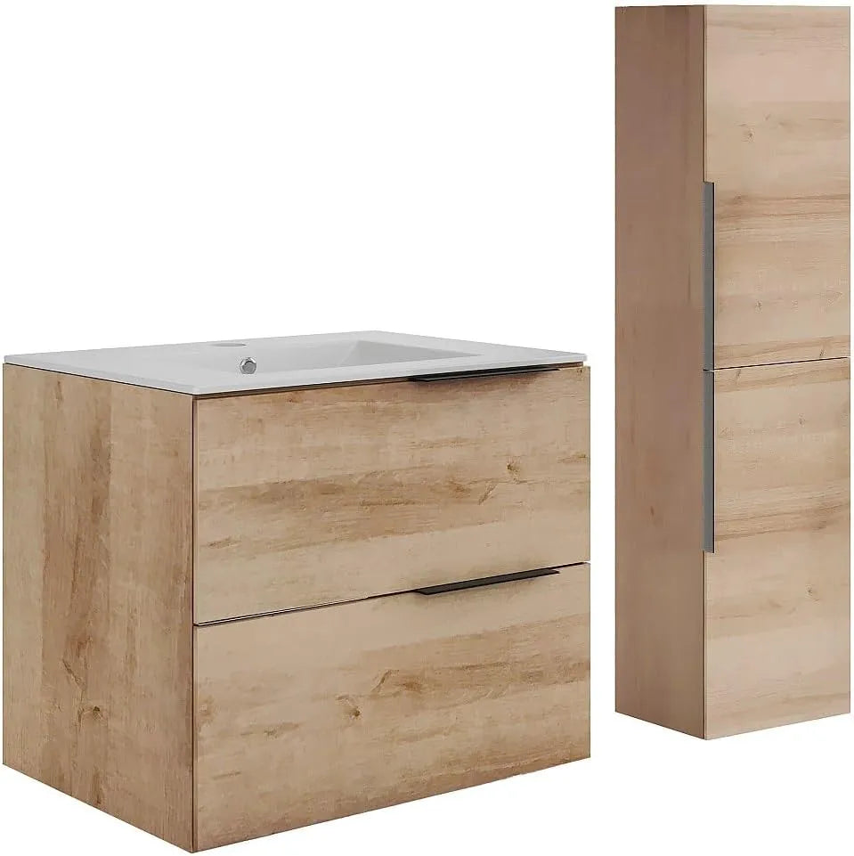 Ensemble de Salle de Bain Flottant avec Vasque Intégrée et Colonne de Rangement - Bois Clair - 60 cm - NISAYA