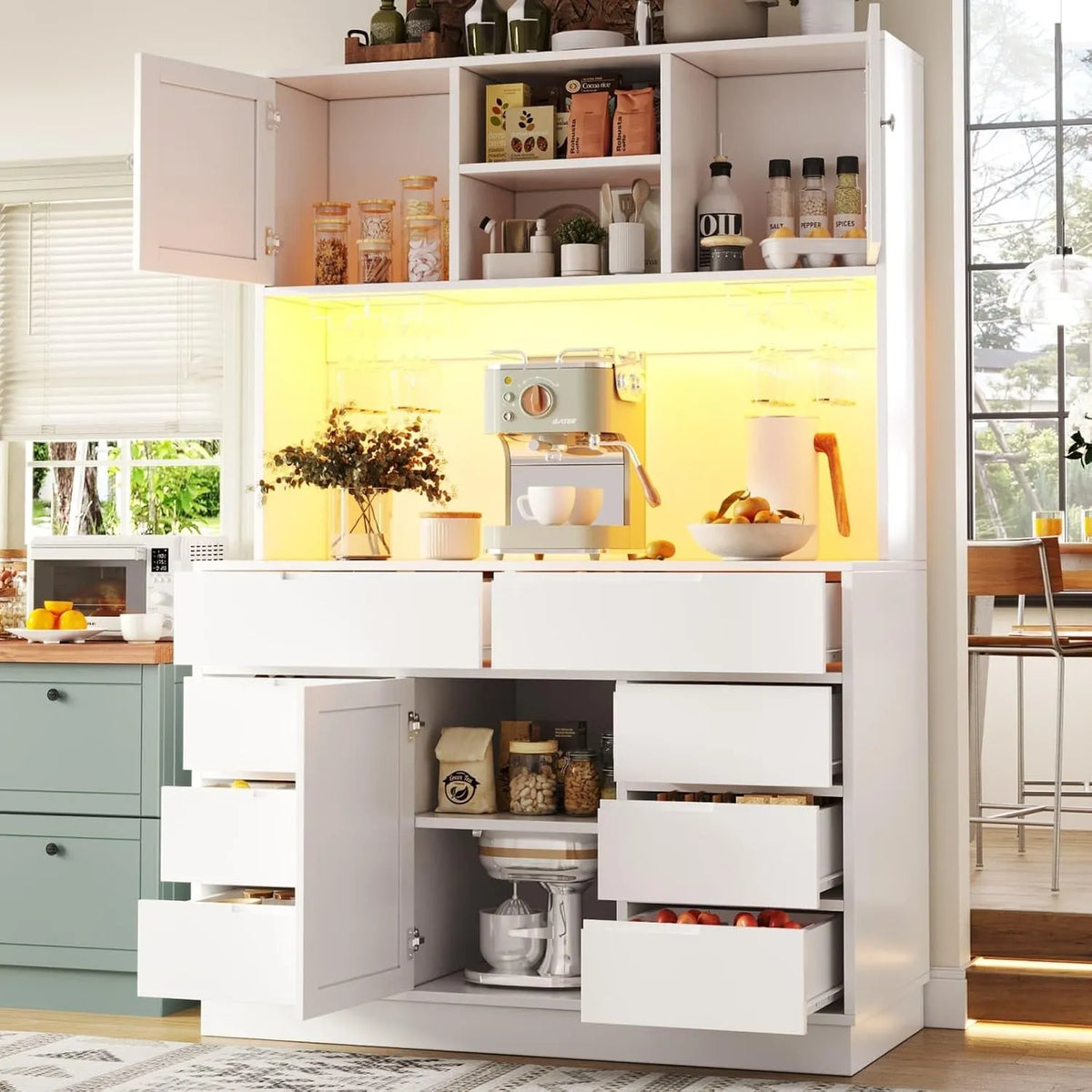 Buffet de Cuisine avec Éclairage LED et Porte Coulissante en Verre - Blanc
