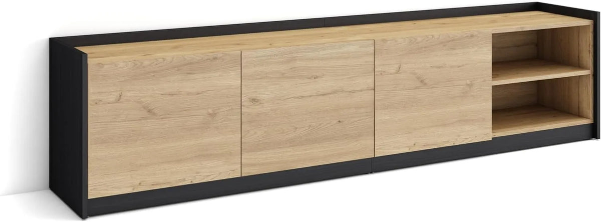 Meuble TV Moderne en Chêne et Noir | 207x50x37 cm | Rangement Spacieux pour Télévisions jusqu'à 80 pouces