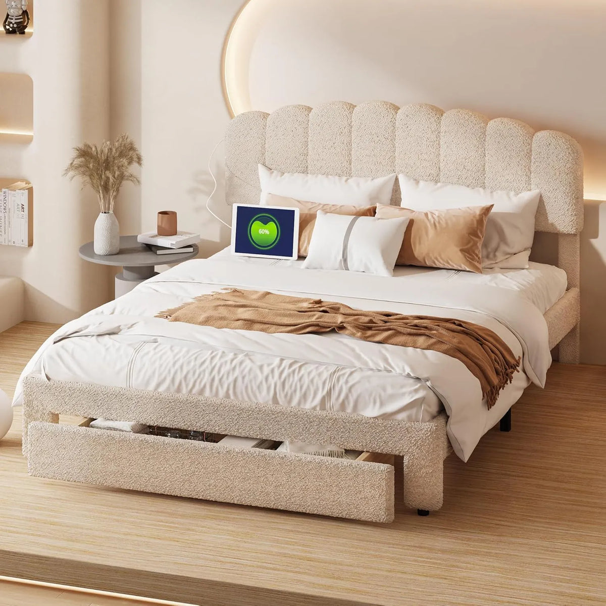 Lit Double 140x200 avec Tiroir, Tête Réglable, Velours Beige