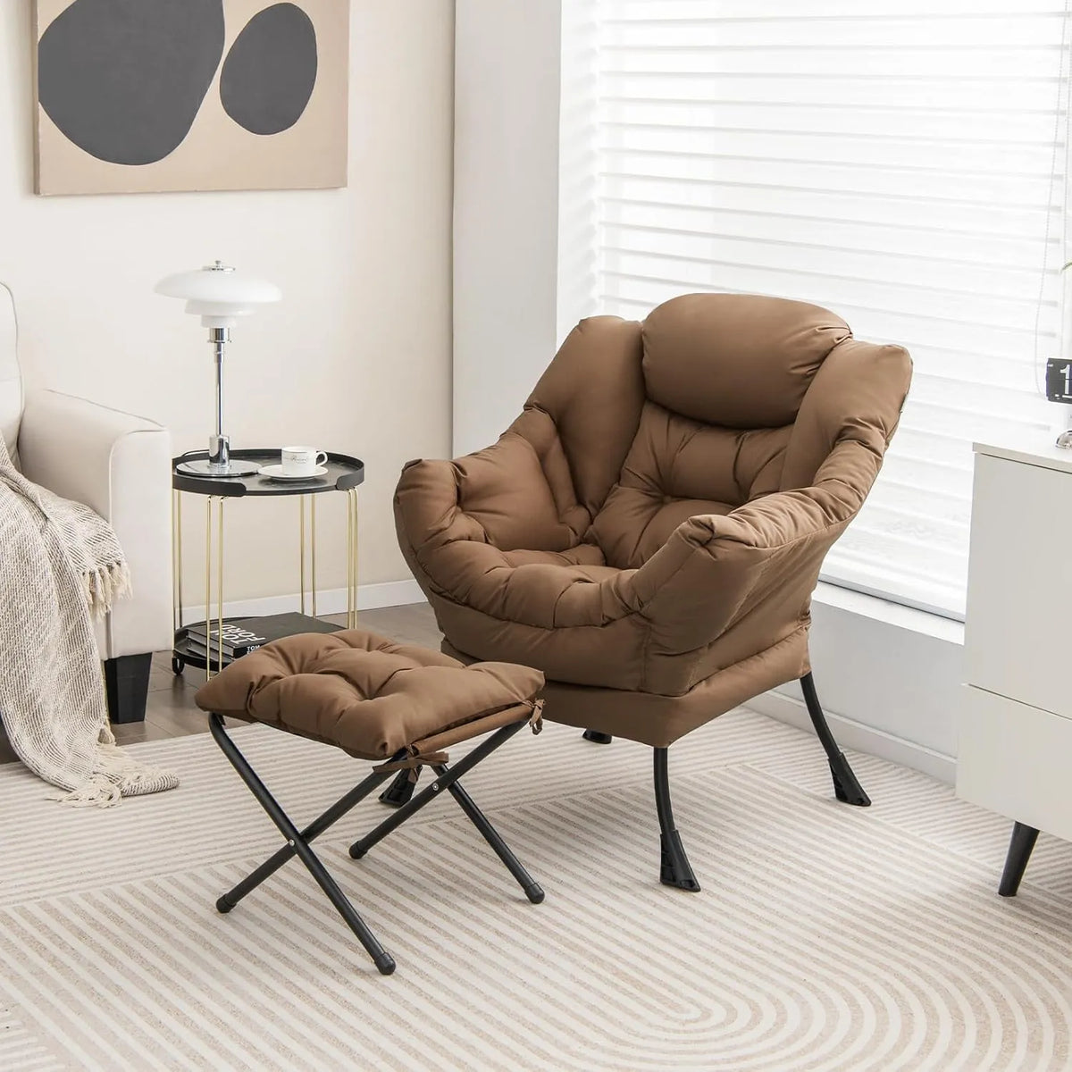 Fauteuil Relax en PE avec Repose-Pied et Poche, Marron