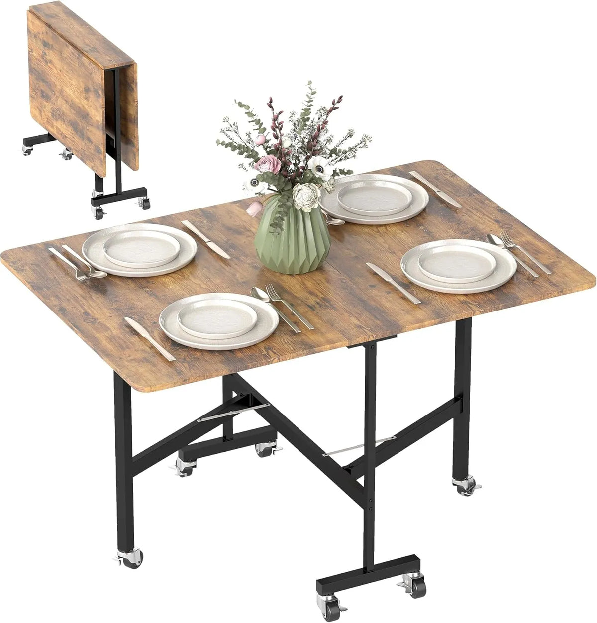 Table Pliante de Cuisine HOMCOM avec Abattants et Roues, pour 4 à 6 Personnes, Charge Maximale 50 kg, Structure en Acier, Brun Rustique
