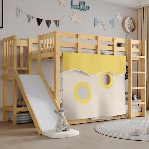 Lit superposé Merax avec toboggan et escalier en bois, protection enfants, 90x200 cm, naturel