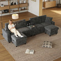 Canapé d'angle modulable 4 places en U avec repose-pieds et ports USB, rangements, porte-gobelets, housse velours