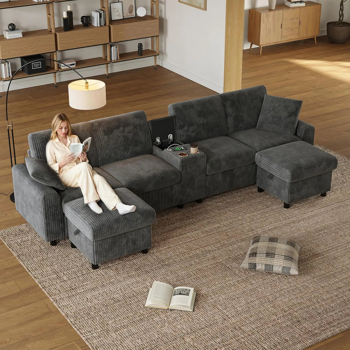 Canapé d'angle modulable 4 places en U avec repose-pieds et ports USB, rangements, porte-gobelets, housse velours