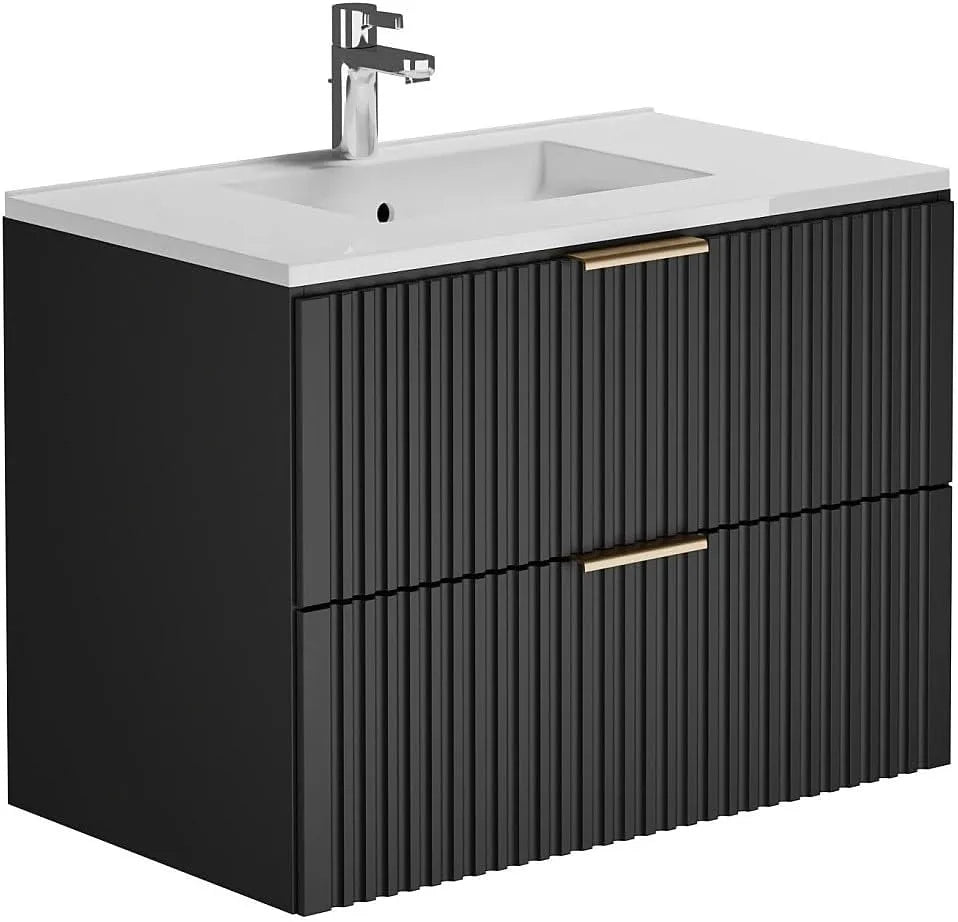 Meuble de Salle de Bain Noir Suspendu 80 cm avec Vasque Intégrée - ZEVARA