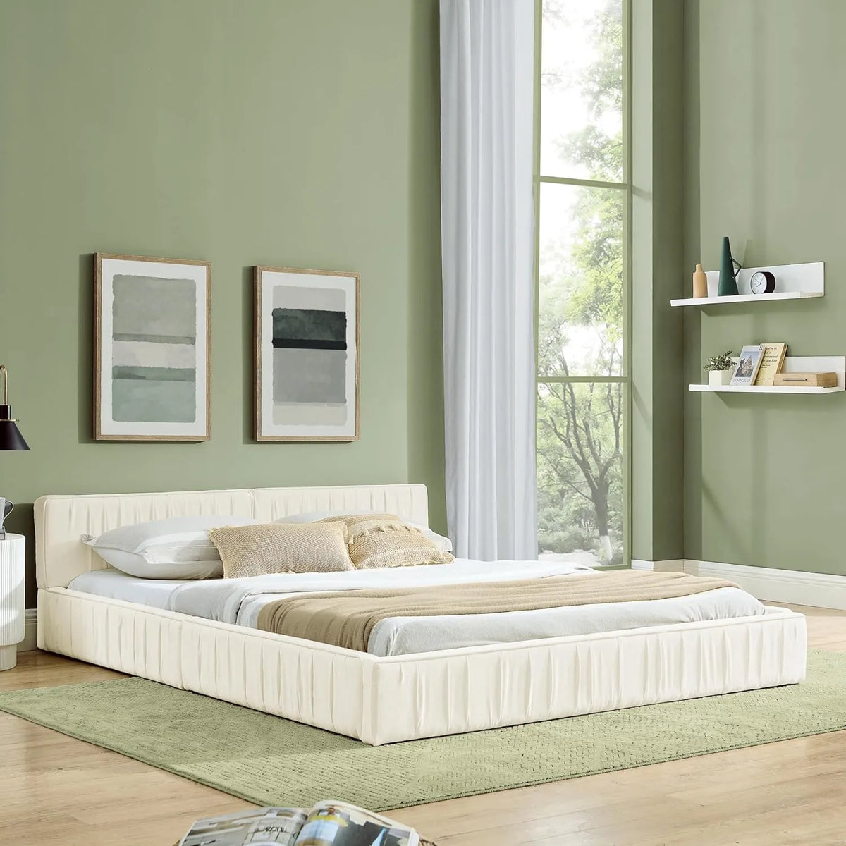 Lit Double 140x200 cm Rembourré, Sommier Inclus, Cadre en Bois et Métal, Beige