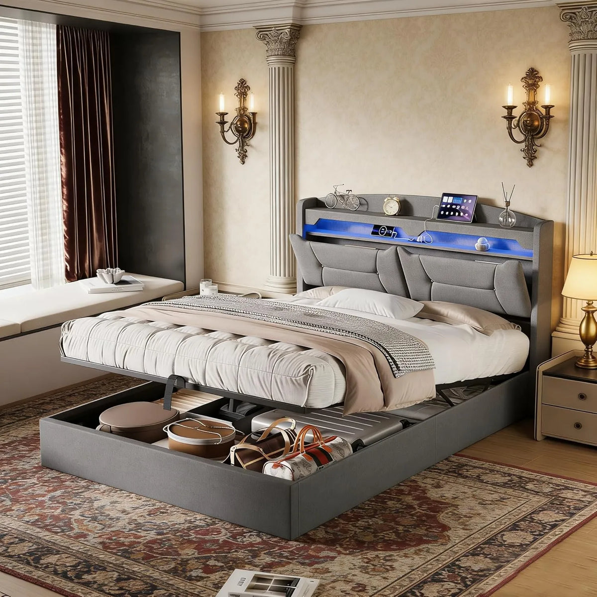 Lit Double 140x190 avec LED et Port USB, Sommier à Lattes, Rangement et Tête Capitonnée pour Adultes et Adolescents