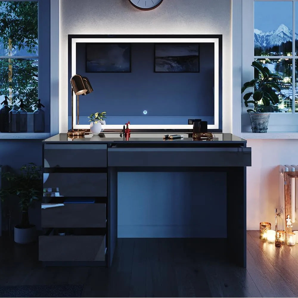 Table de Maquillage Moderne avec Miroir LED, 120 cm, Finition Anthracite Brillante