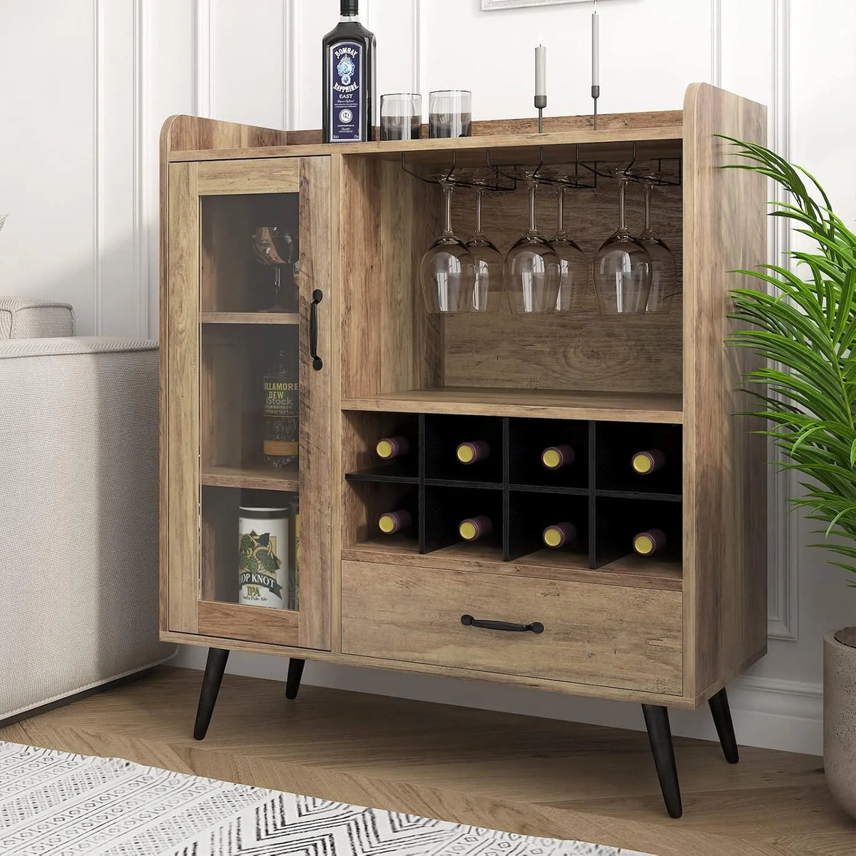 Buffet à Vin en Bois avec Porte en Verre et Porte-Bouteille, SogesHome