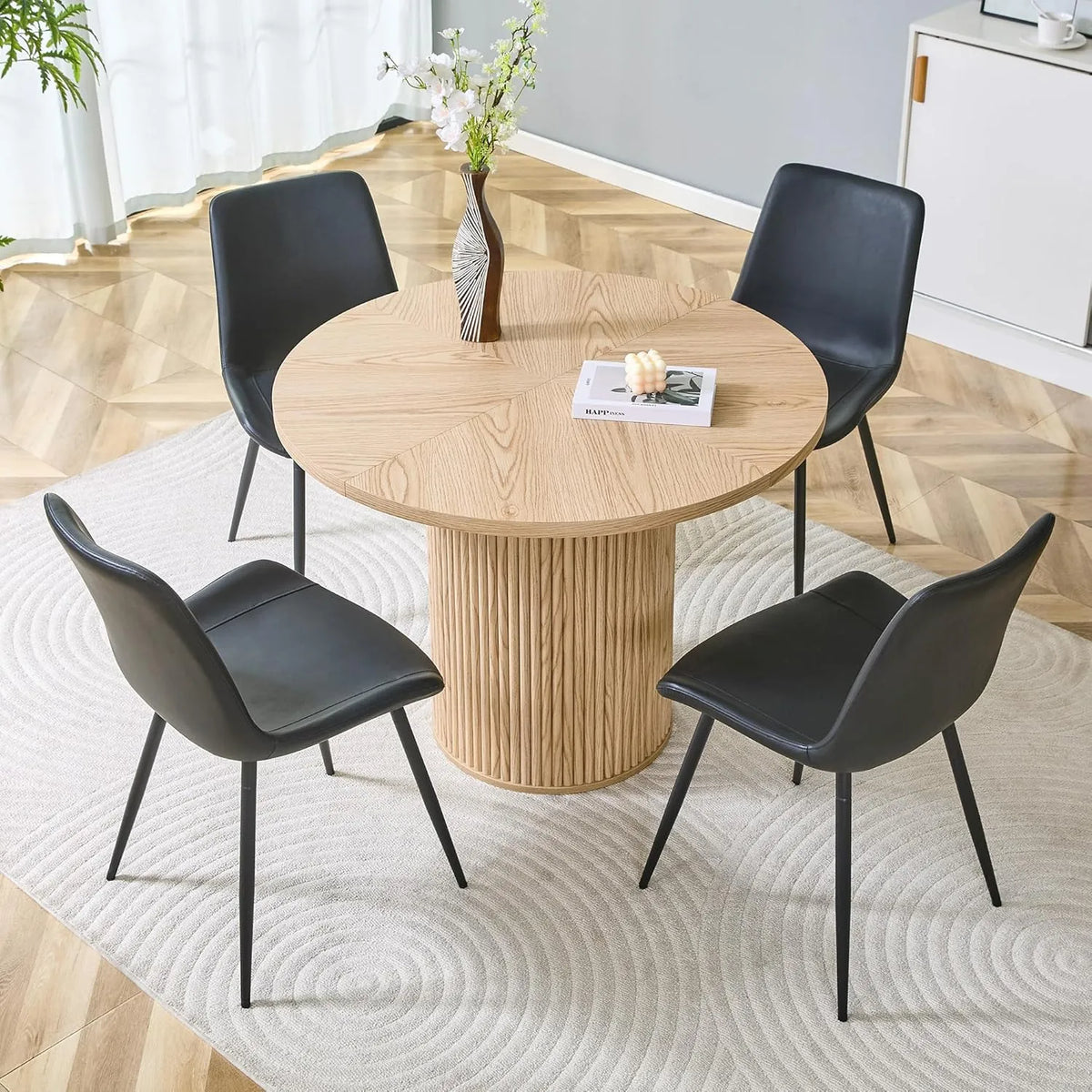 Ensemble de salle à manger scandinave en chêne 100 cm avec 4 chaises noires élégantes - Table ronde avec design moderne et chaises en cuir synthétique