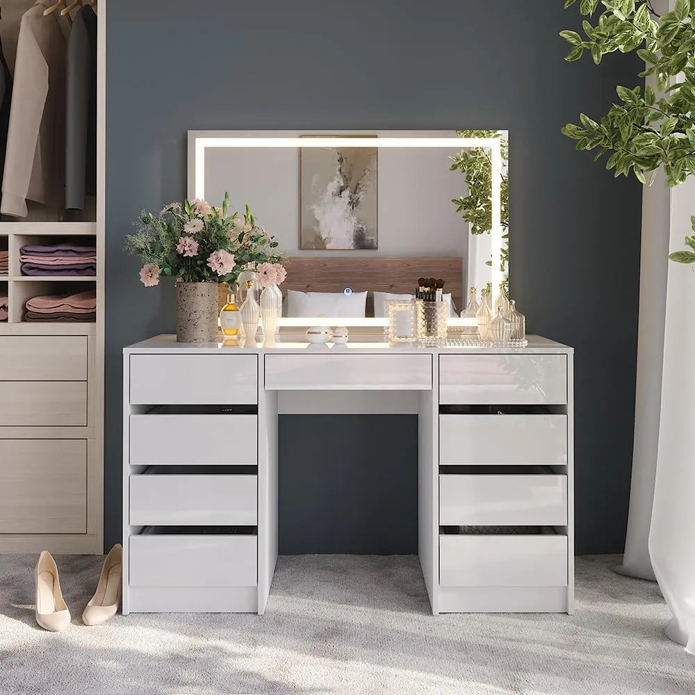 Vicco Coiffeuse Moderne avec Miroir LED, Blanc Brillant, 128 cm