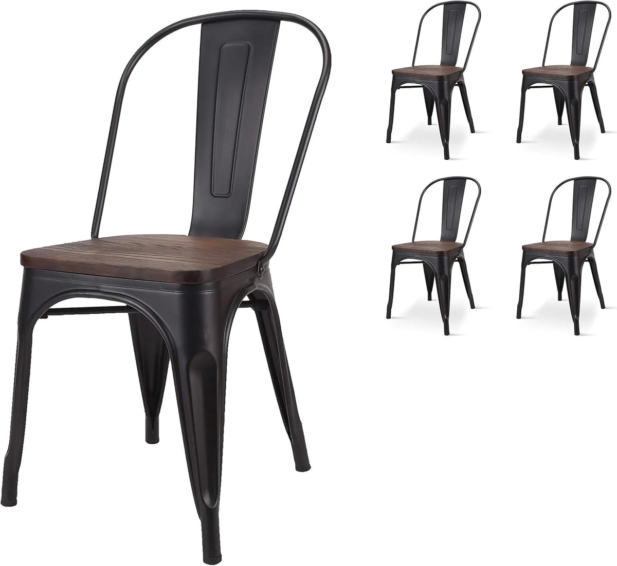 Kosmi - Lot de 4 chaises en métal noir avec assise en bois foncé - Design industriel élégant