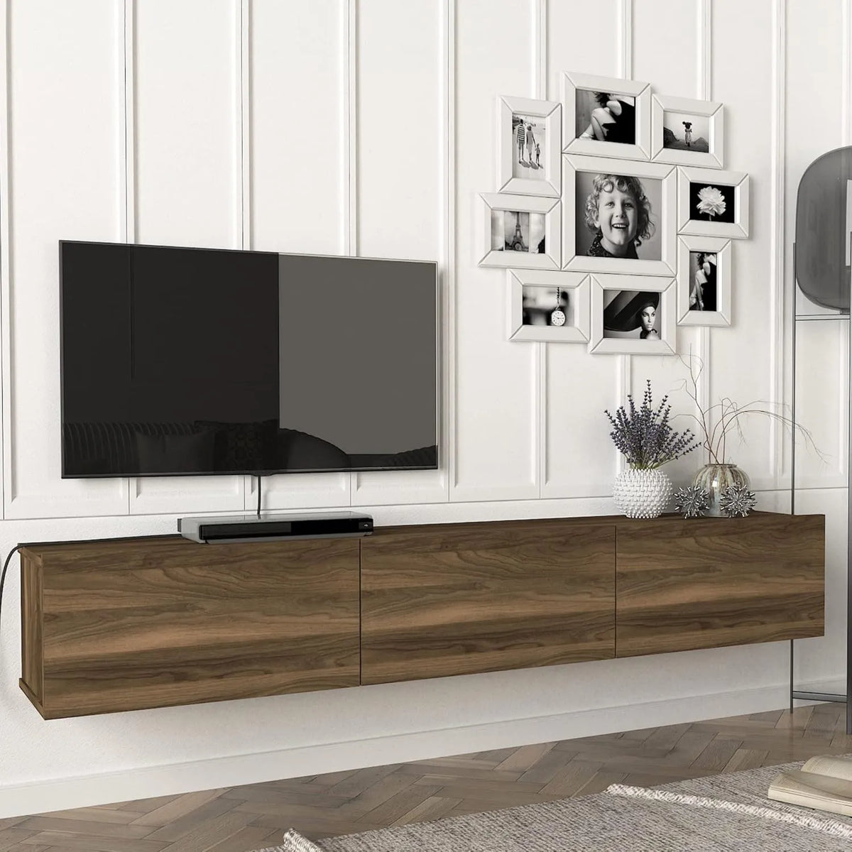 Meuble TV Flottant avec Étagères Fermées Effet Noyer - 180 x 31 x 29,5 cm