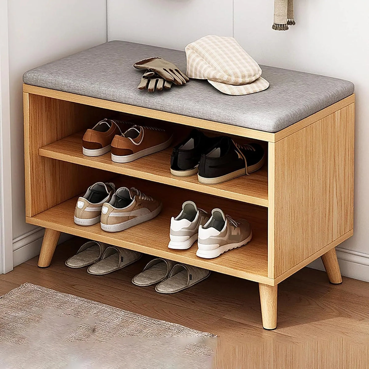 Meuble à Chaussures en Bois avec Coussin Douillet, Organisateur de Couloir à 3 Niveaux, Banc d'Entrée et Étagère Multiples