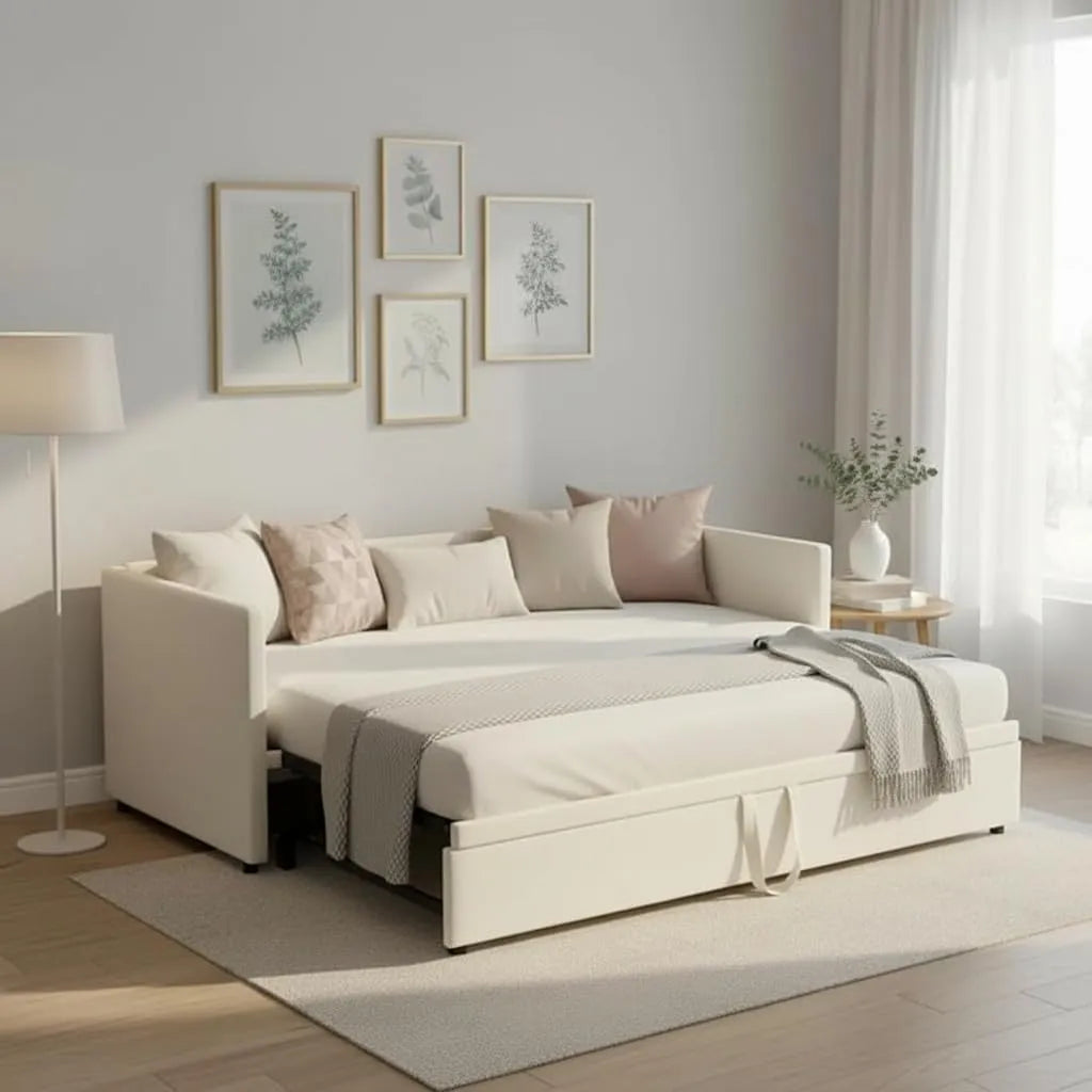 Canapé-lit Extensible 2 Places en Velours Beige avec Sommier à Lattes
