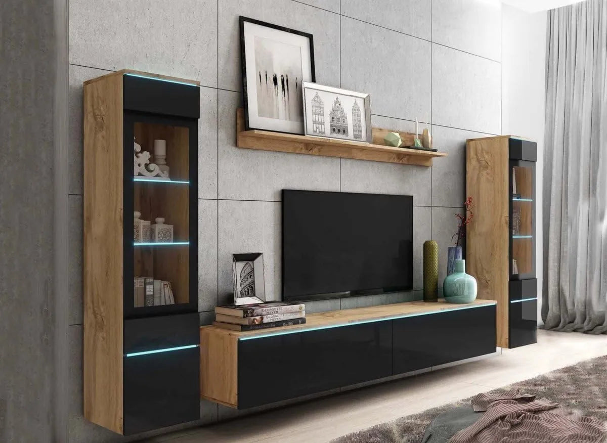 Meuble TV Moderne en Chêne et Noir avec Éclairage LED - Veronica XL