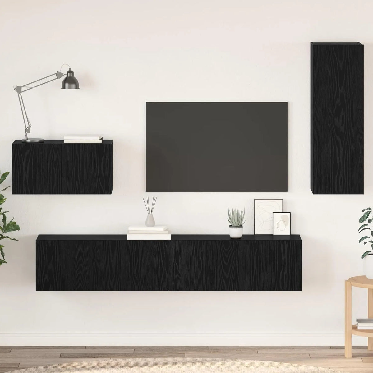 Ensemble meuble TV mural avec étagères et portes - 4 pièces en chêne noir - Meuble HiFi suspendu avec rangement