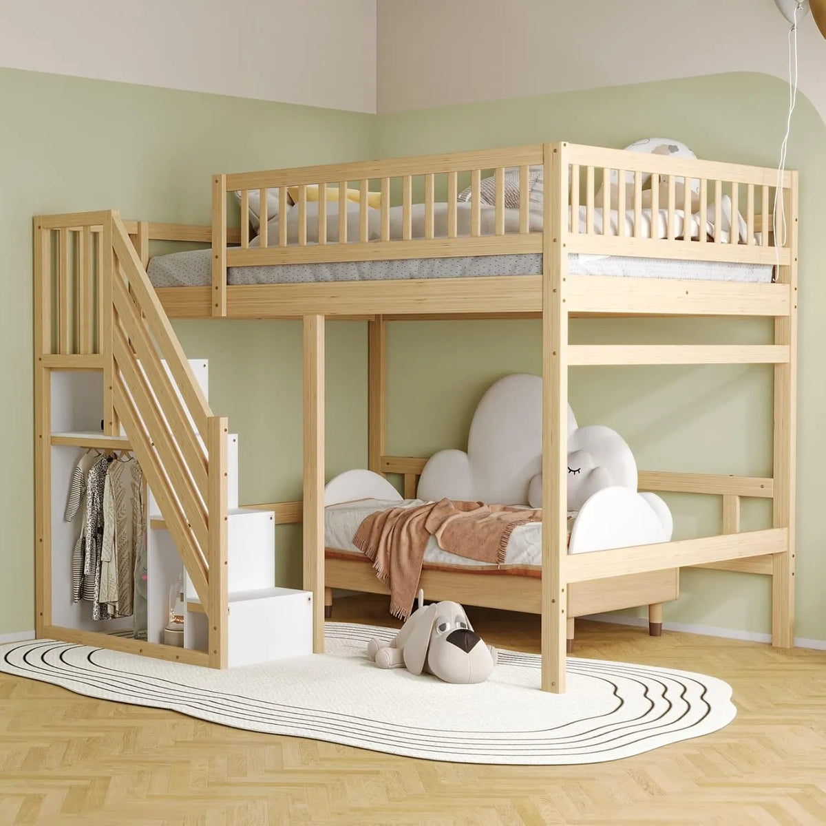 Lit mezzanine 140x200 cm pour enfant avec escalier de rangement et armoire, design sécurisé en bois massif