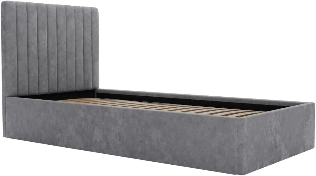 Lit Coffre 90x190 cm avec Tête de Lit en Tissu Gris Sarah