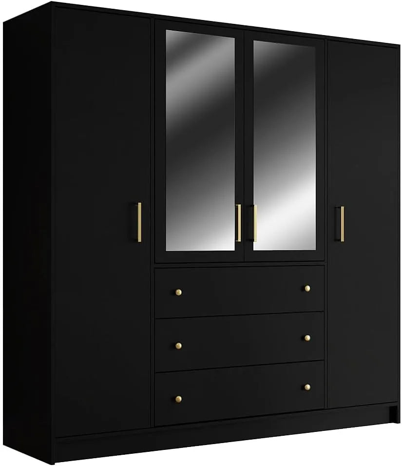 Armoire Lizandro 4 Portes avec Miroirs et 3 Tiroirs - Noir - L196 cm