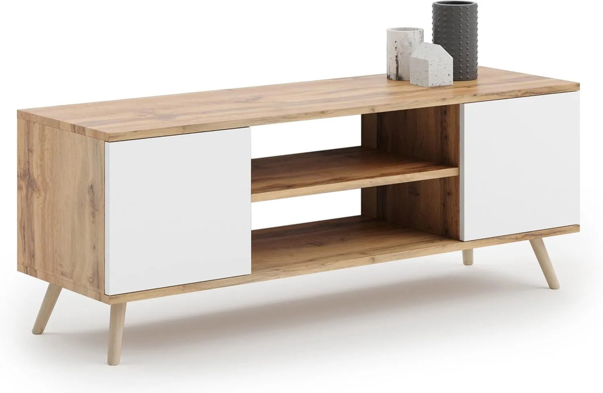 Meuble TV Scandinave en Chêne Doré et Blanc avec Pieds en Bois