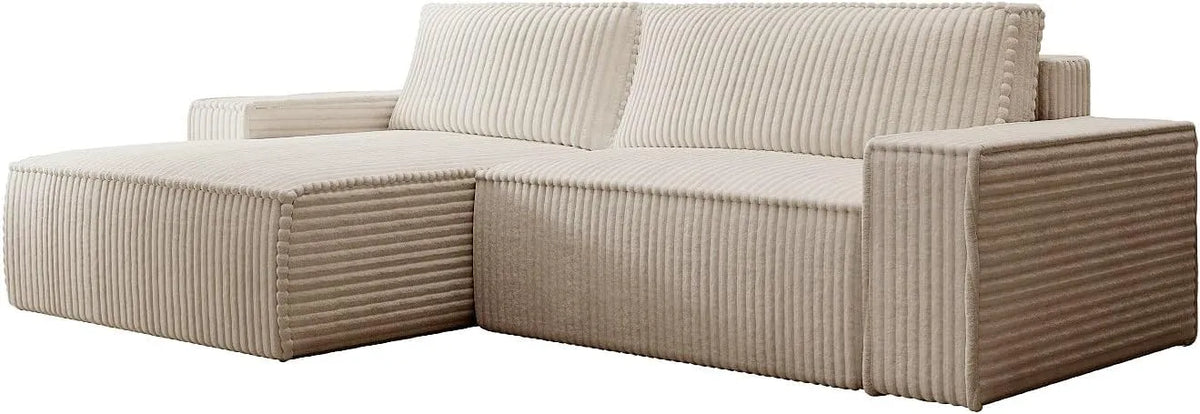 Canapé d'angle gauche convertible en velours côtelé beige - Modèle Amelia
