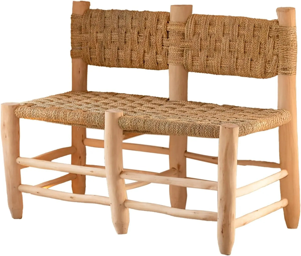 Maison du Monde - Banc Marocain Double en Damier - Bois et Fibres Naturelles - Artisanal Unique - Pour Entrée, Chambre, Salon - Dimensions: 100 x 60 x 75 cm