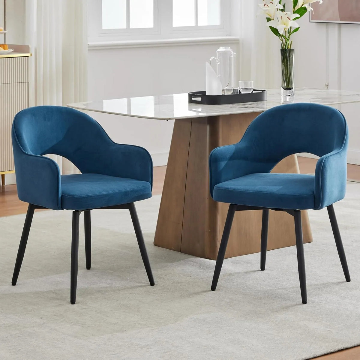 Ensemble de 2 Chaises Pivotantes en Velours pour Salle à Manger et Bureau - Bleu