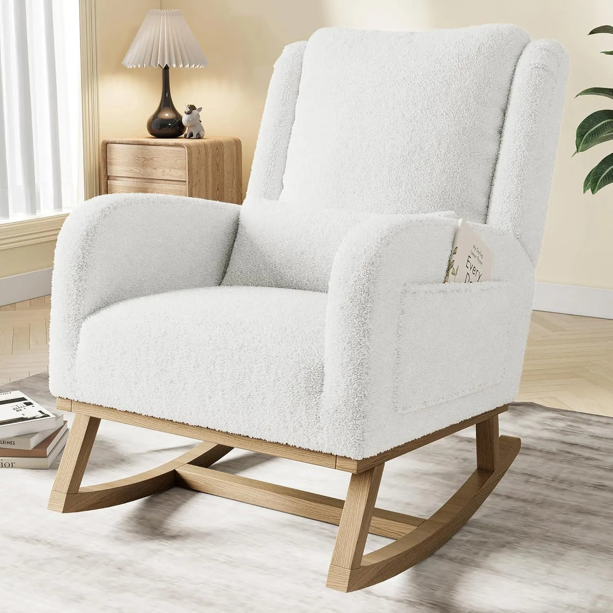 Chaise à Bascule en Velours Teddy Blanc avec Poches de Rangement - 96x94x70cm