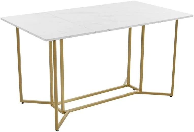 Table de Salle à Manger Merax 140x80 cm, Design Marbre, Pieds Réglables en Métal, Blanc/Doré
