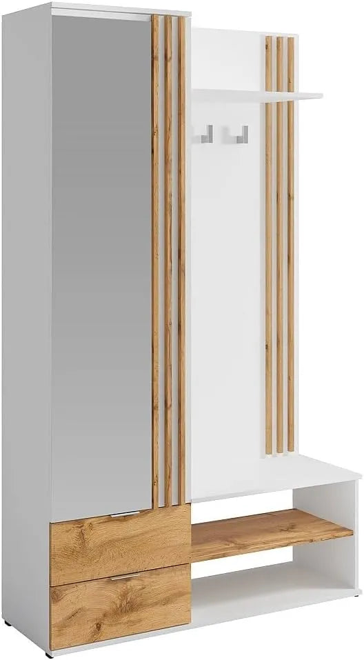 Armoire d'entrée JANAKIA avec Miroir et Rangement - Blanc et Bois Naturel