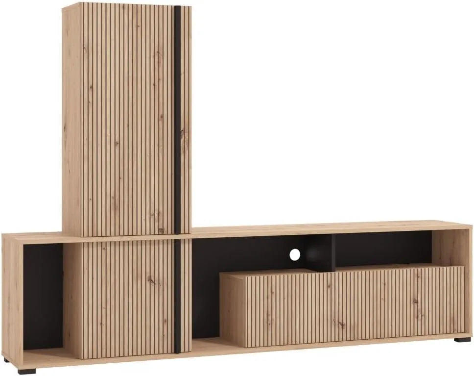 Ensemble TV Design avec Rangement, 3 Portes et Niches - Bois Clair et Noir