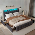 Lit Double 160x200 cm avec Tiroirs, LED, USB et Stations de Charge, Structure en Lin Gris