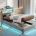Lit Coffre Velours Gris 90x200 cm avec LED et USB, Tête de Lit avec Rangement, Sommier à Lattes Inclus, Assemblage Facile