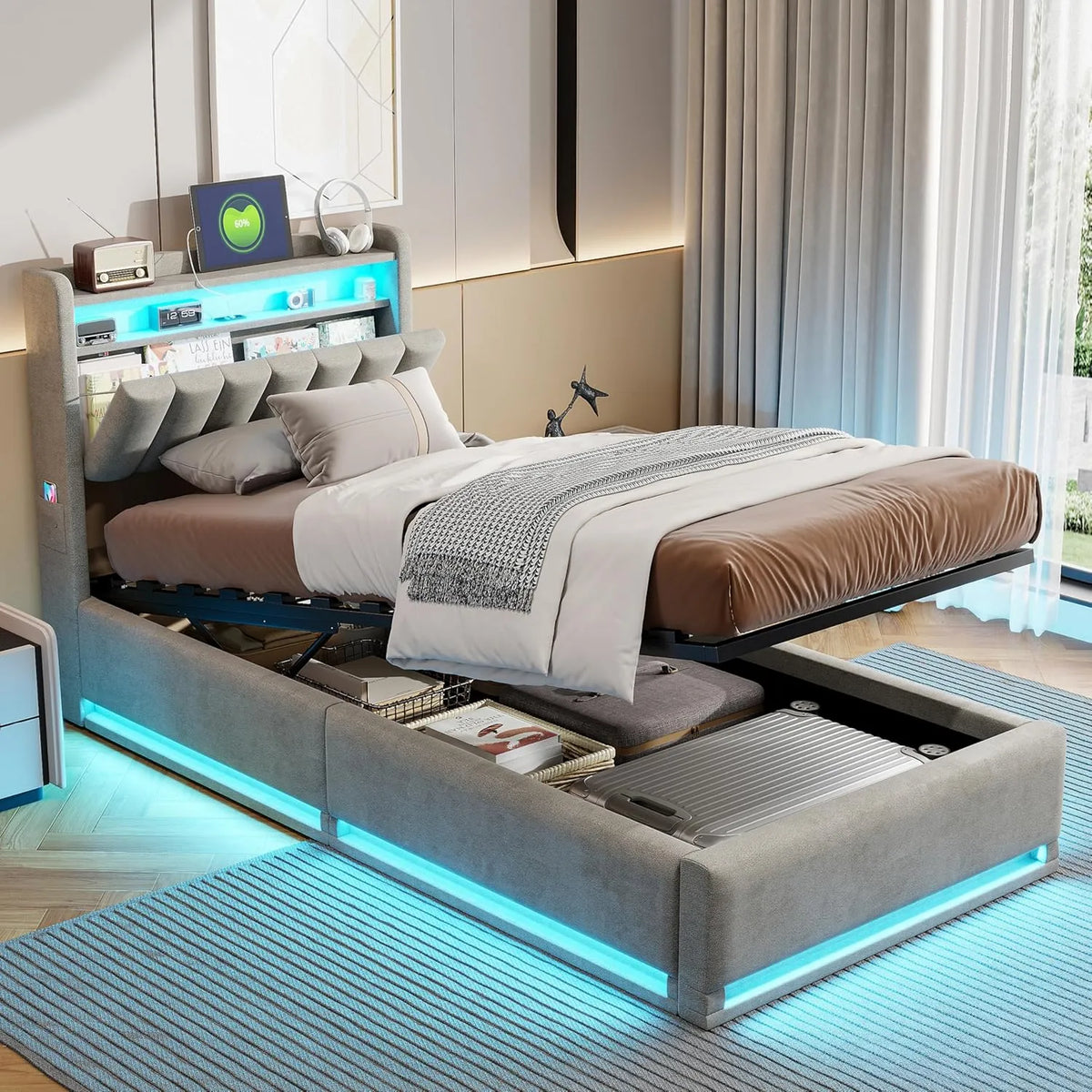 Lit Coffre Velours Gris 90x200 cm avec LED et USB, Tête de Lit avec Rangement, Sommier à Lattes Inclus, Assemblage Facile