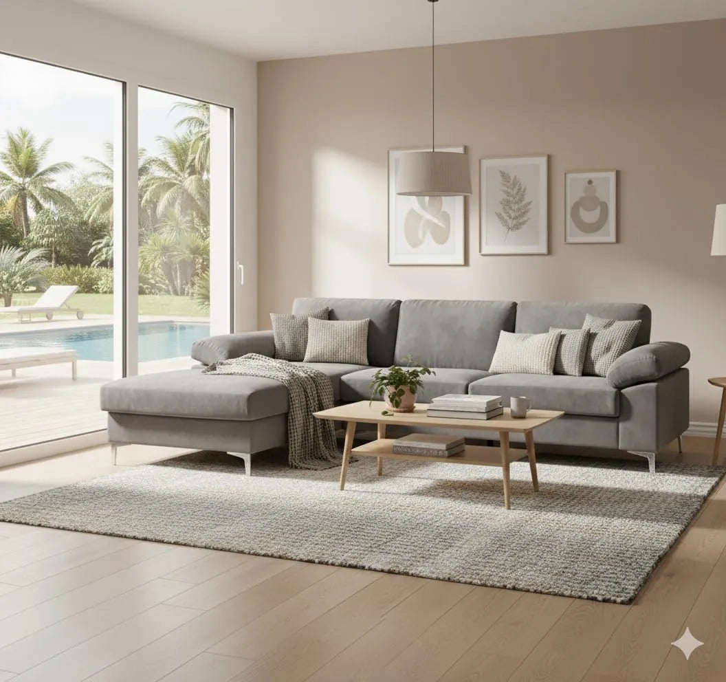 Grand Canapé d'Angle en Velours Gris 5 Places - Confort Luxueux et Design Moderne