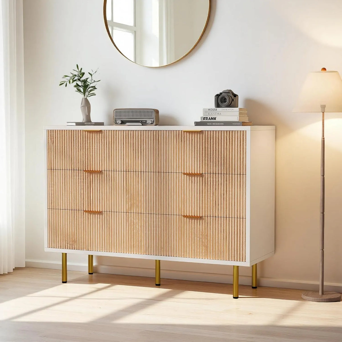 Commode Scandinave Élégante à 6 Tiroirs en Bois Blanc et Naturel, 100cm, Pieds Métalliques, pour Chambre ou Salon