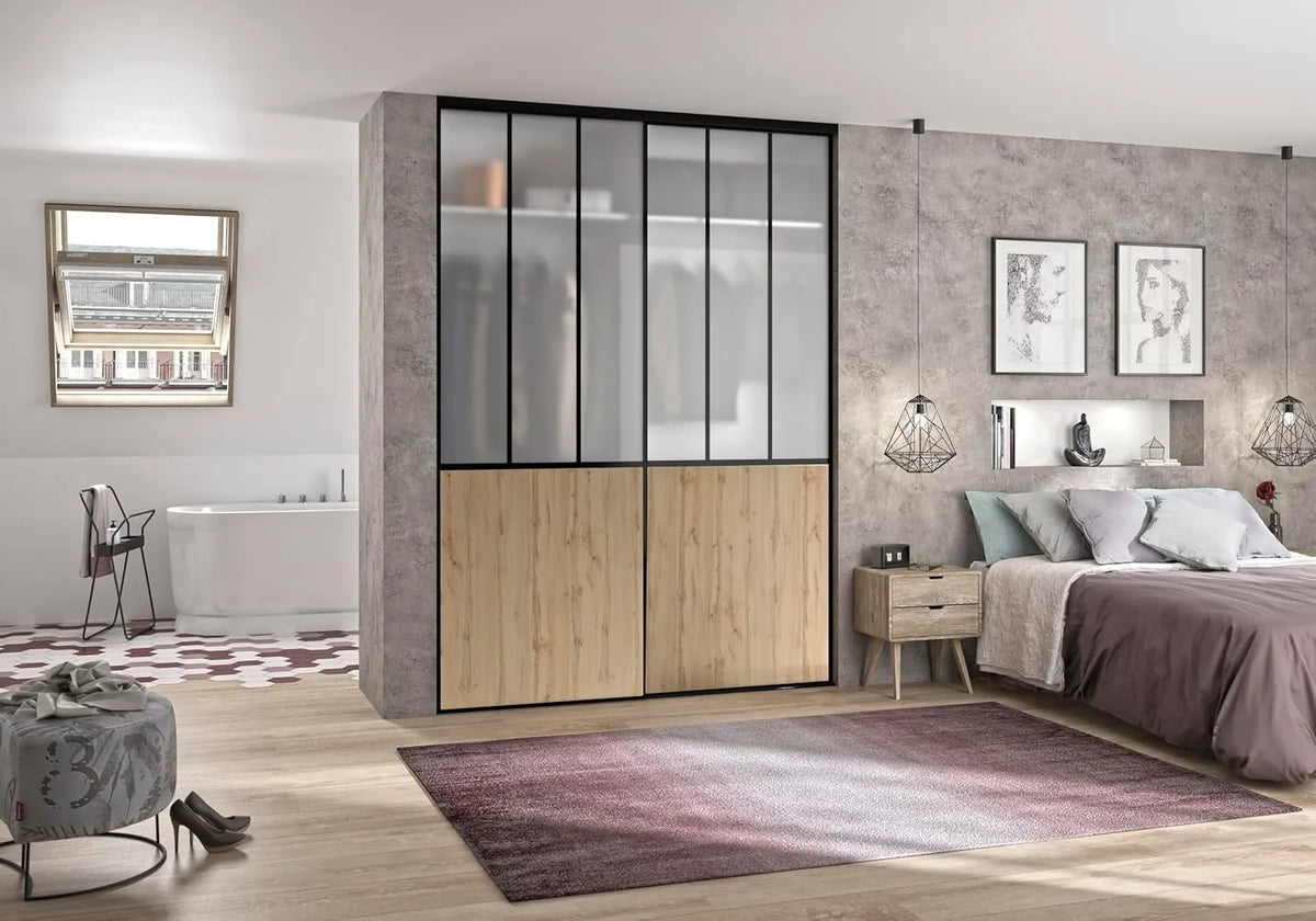 Ensemble de 2 Portes Coulissantes Optimum, 250 cm x 180 cm, Atelier Noir et Chêne Authentique, Verre Blanc Dépoli, Rails Noirs