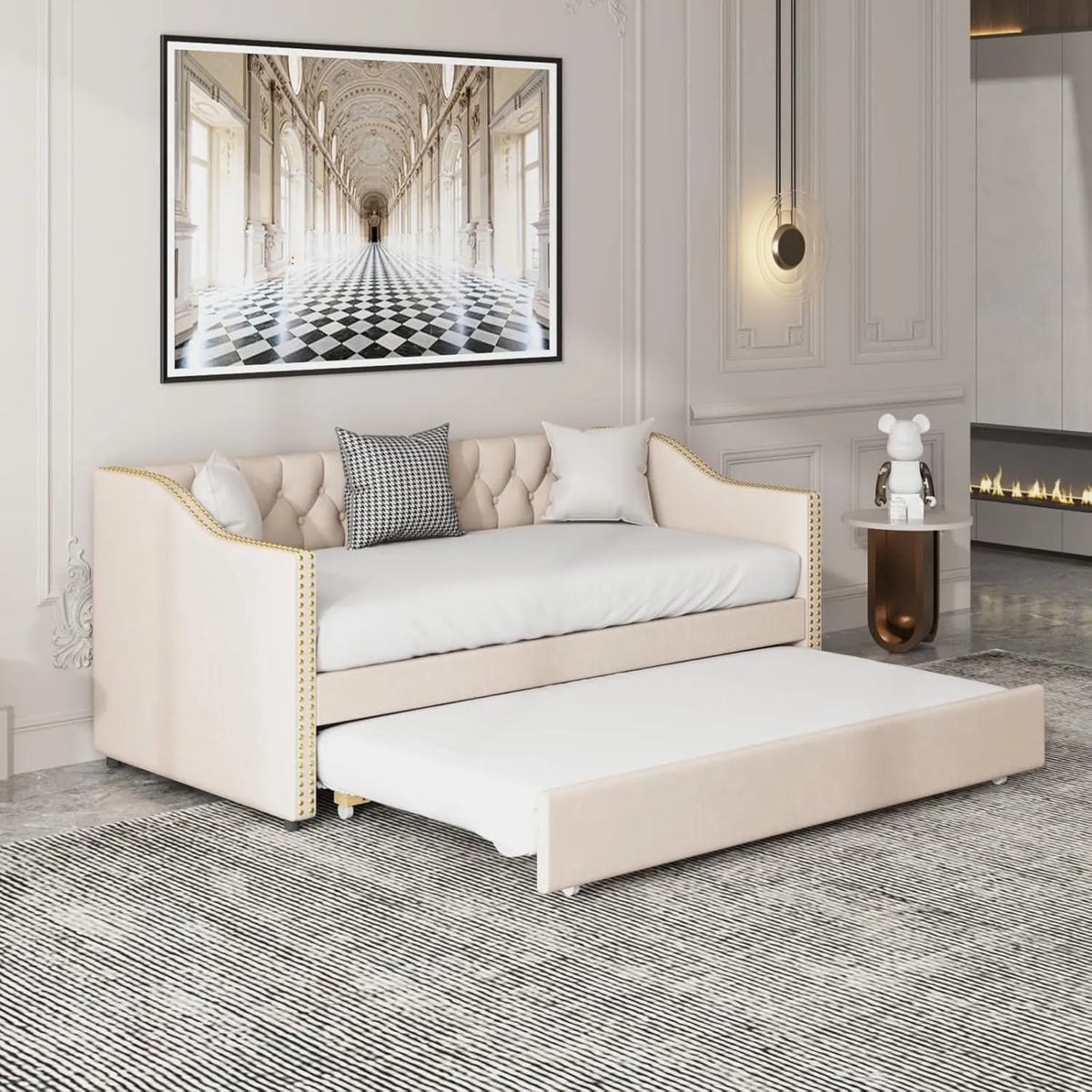 Canapé-lit extensible double beige 90/180 x 200 cm