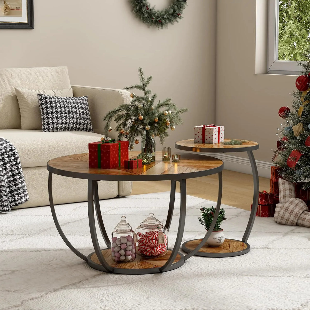 Ensemble de 2 Tables Gigognes Ronde en Bois et Métal pour Salon