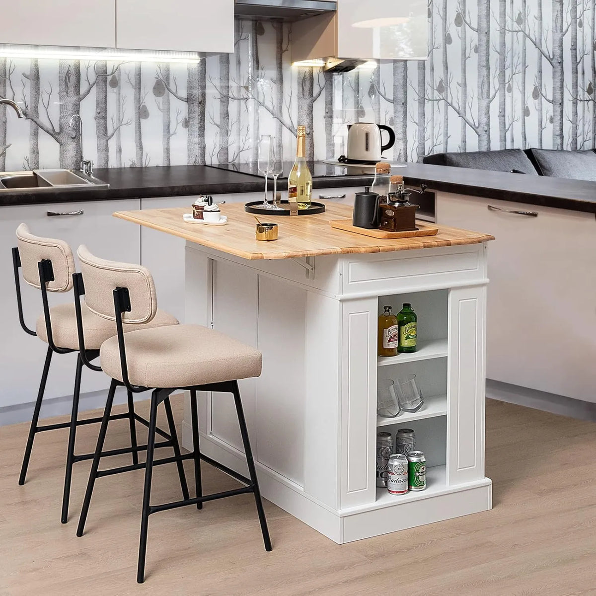 COSTWAY Îlot de Cuisine Pliable avec Comptoir en Bois d'Hévéa, Étagères Réglables à 3 Niveaux, Chariot de Service avec Tiroirs et Portes, Blanc, 61 x 120 x 92 cm