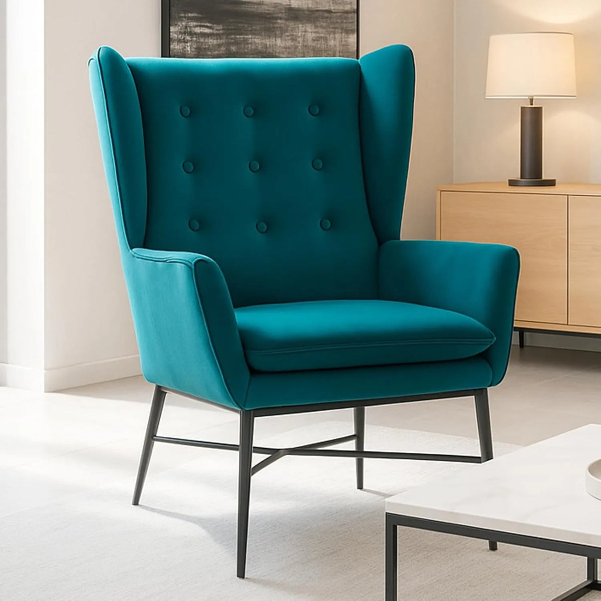 Fauteuil Scandinave en Velours Confortable avec Pieds Métalliques pour Salon - Chaise de Lecture Relaxante (Bleu Canard)