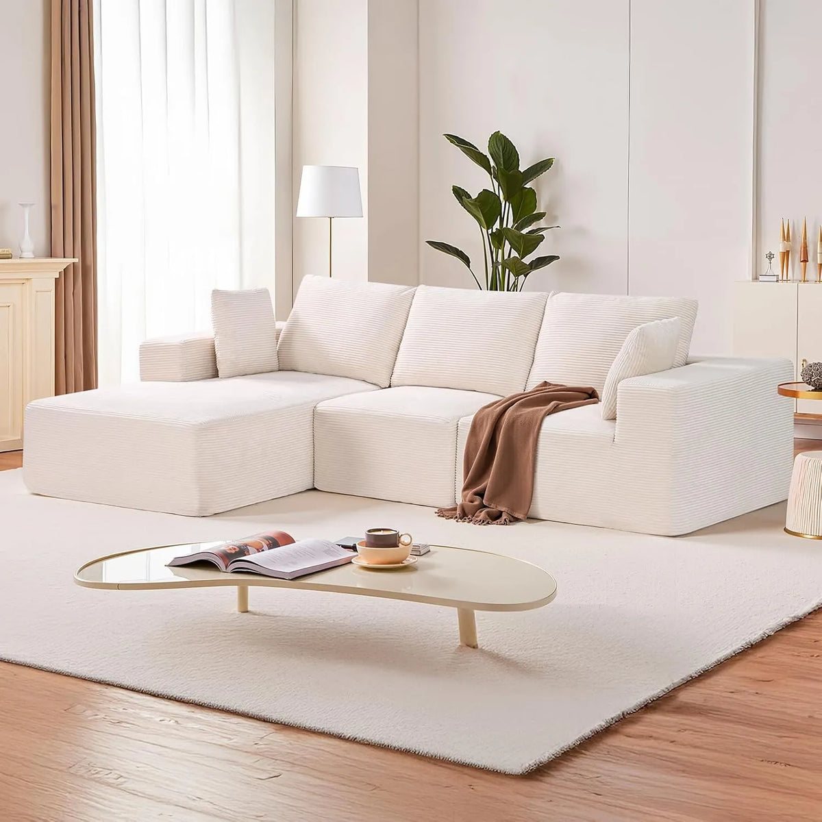 Canapé Modulaire en Velours Beige avec Méridienne et Coussin pour Salon