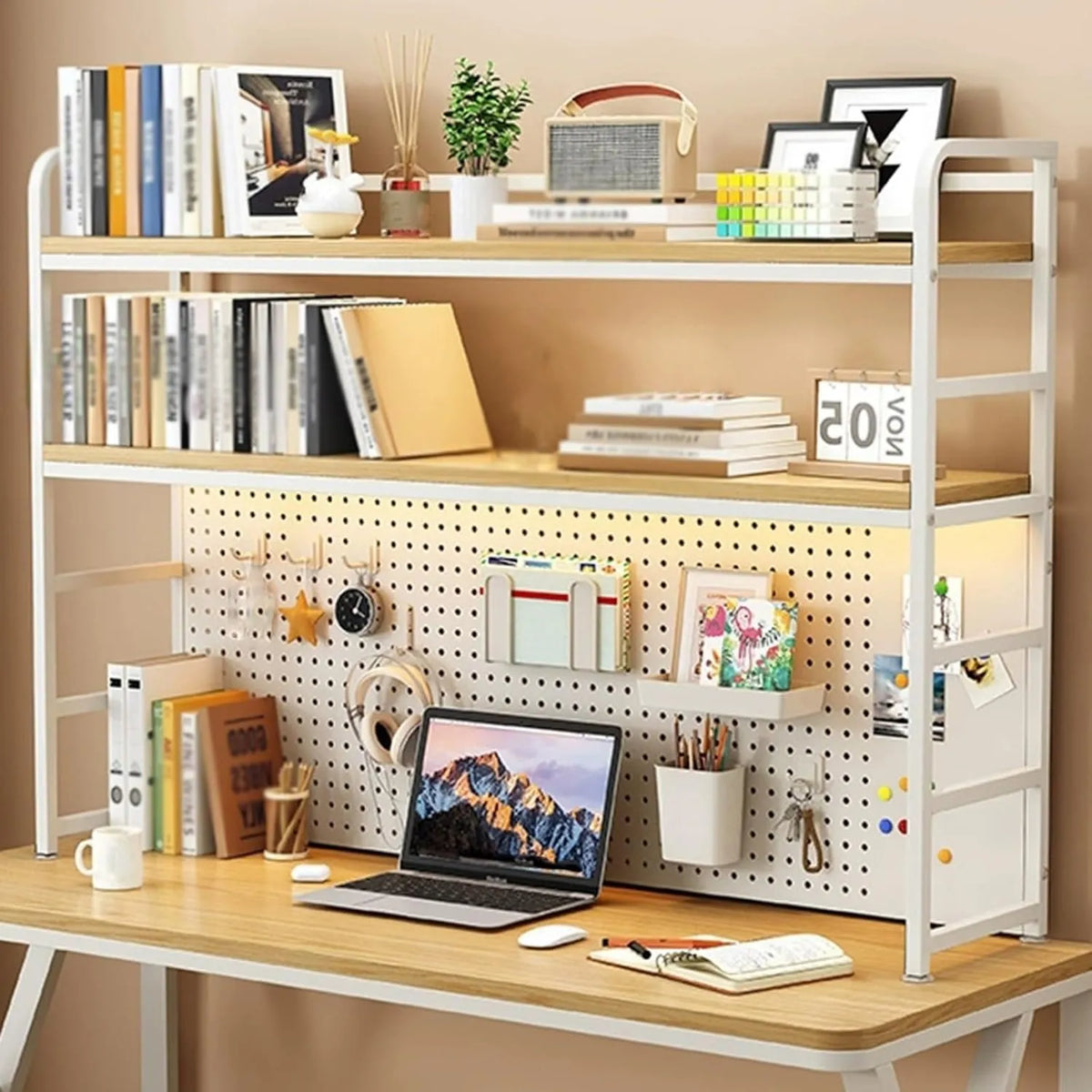 Bibliothèque de Bureau en Bois et Métal, Organisateur à 3 Niveaux, Étagère Réglable pour Bureau et Dortoir