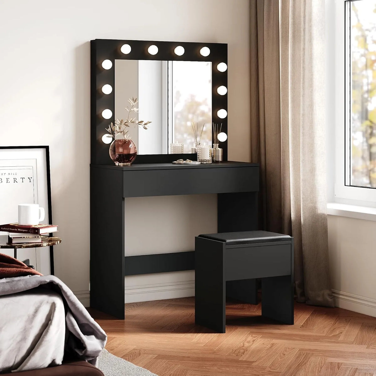 Coiffeuse Moderne Noire avec Éclairage LED, Miroir Lumineux et Tabouret, Table de Maquillage avec Grand Tiroir
