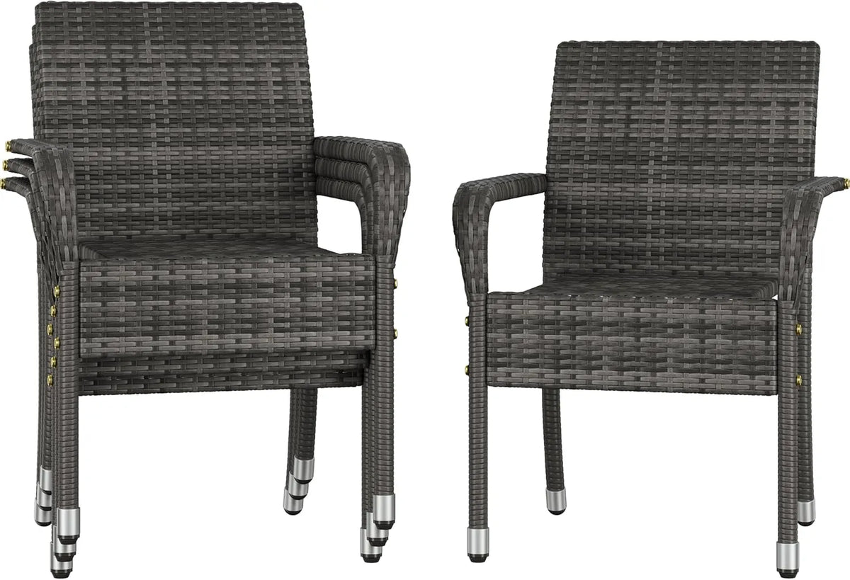 Ensemble de 4 Chaises d'Extérieur Empilables en Rotin Gris avec Accoudoirs pour Jardin et Terrasse