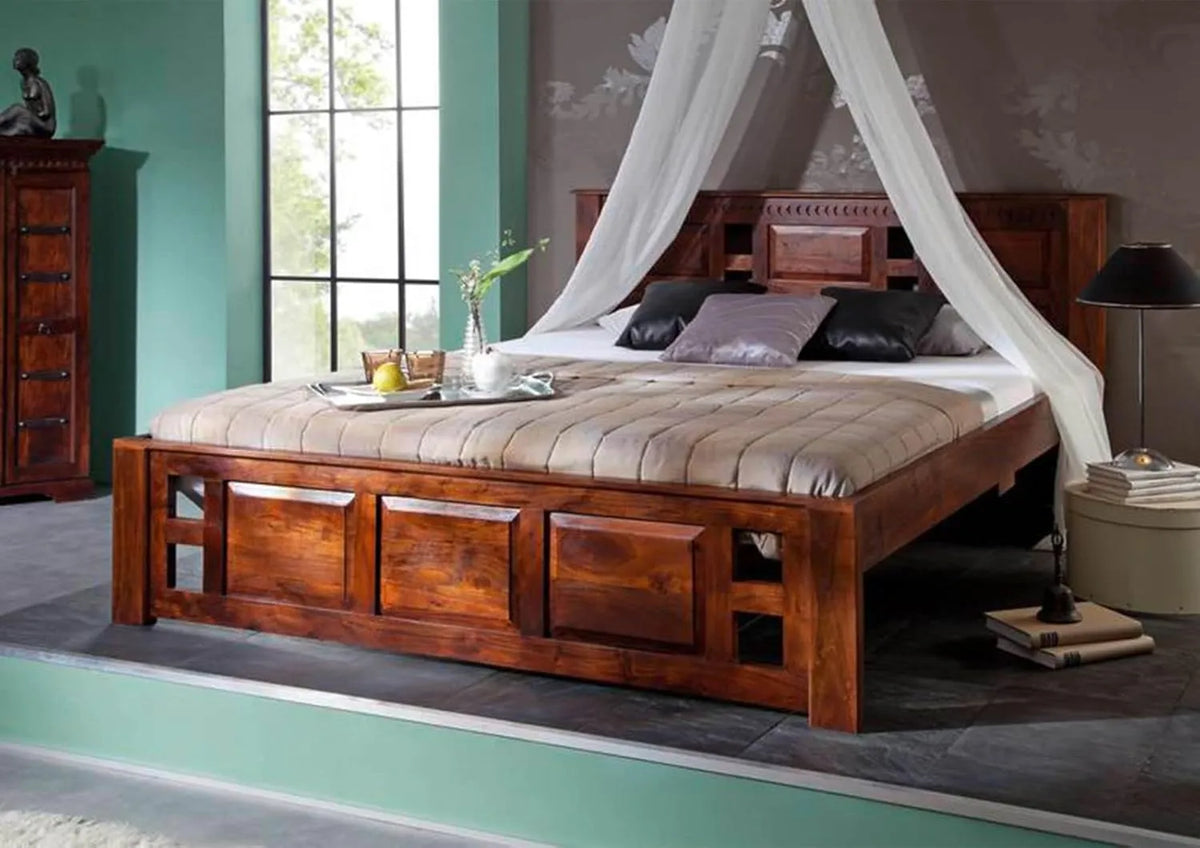 Lit Double 140x200 en Bois d'Acacia Laqué - Style Colonial - Modèle Oxford