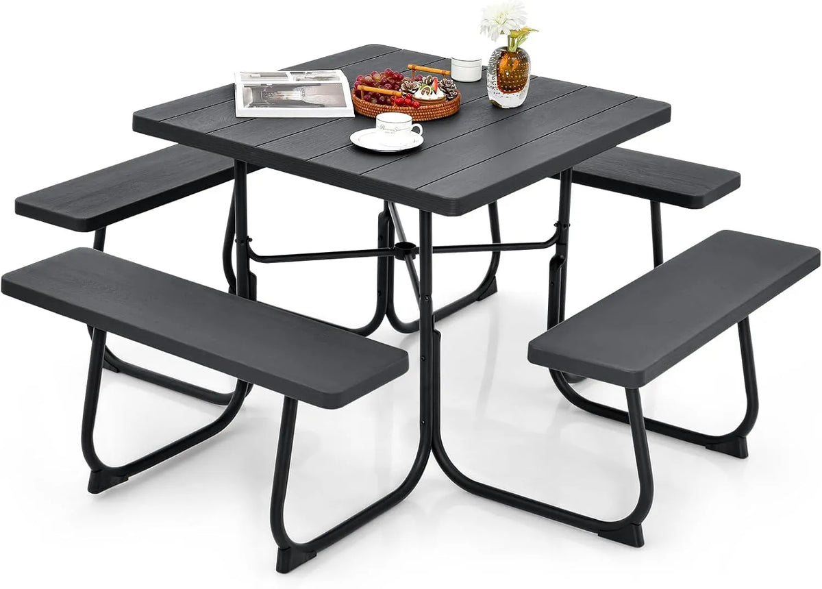 Table de Pique-Nique Carrée 8 Personnes avec Bancs et Trou Parasol, Effet Bois, Noir, pour Jardin