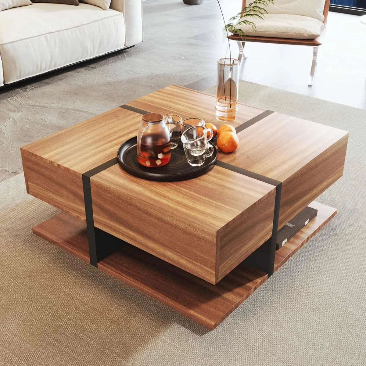 Table Basse Carrée en Bois avec Tiroirs et Compartiments de Rangement pour Salon - Noir et Bois